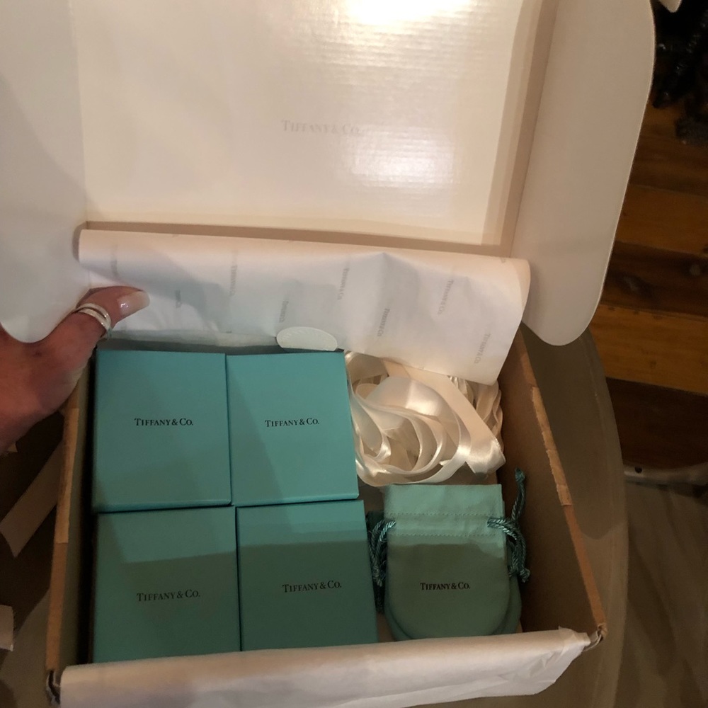 Lot of 4 EMPTY Tiffany & Co Boxes, Ribbons & Pouches in a T Shipping Box